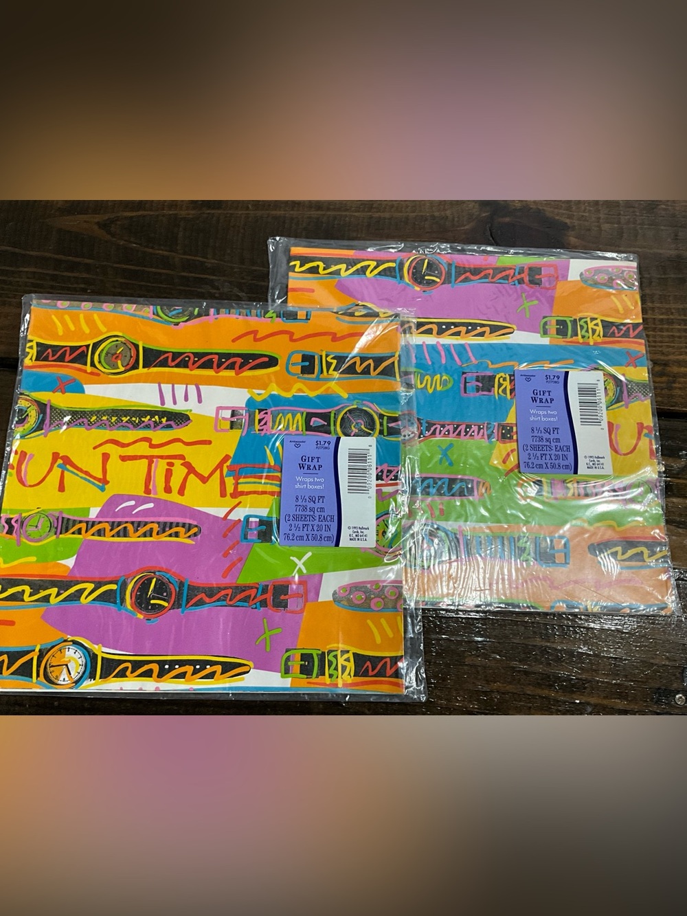 Vintage 1993 Lot of 2 Hallmark Gift Wrap Sheets NOS Neon Fun Time Watches NOS